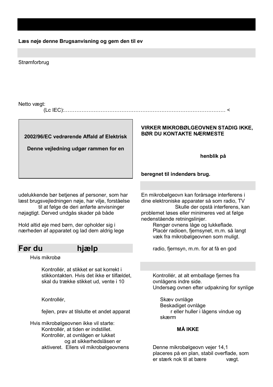 Brugsanvisning dk, Tekniske data, Før du tilkalder hjælp | Interference i radioudstyr, Installation | Gorenje SMO-23 DGB User Manual | Page 128 / 177