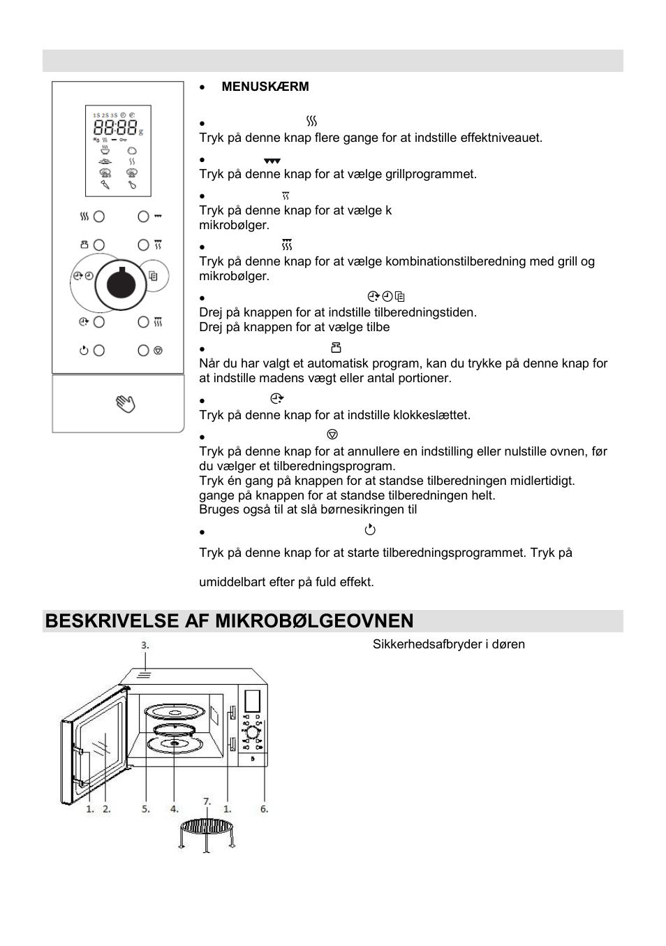 Betjeningspanel, Beskrivelse af mikrobølgeovnen | Gorenje SMO-23 DGB User Manual | Page 131 / 177