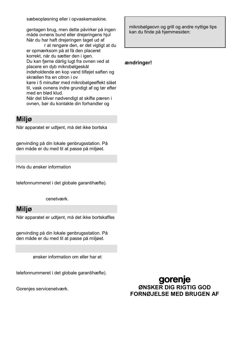 Miljø, Garanti og service | Gorenje SMO-23 DGB User Manual | Page 134 / 177