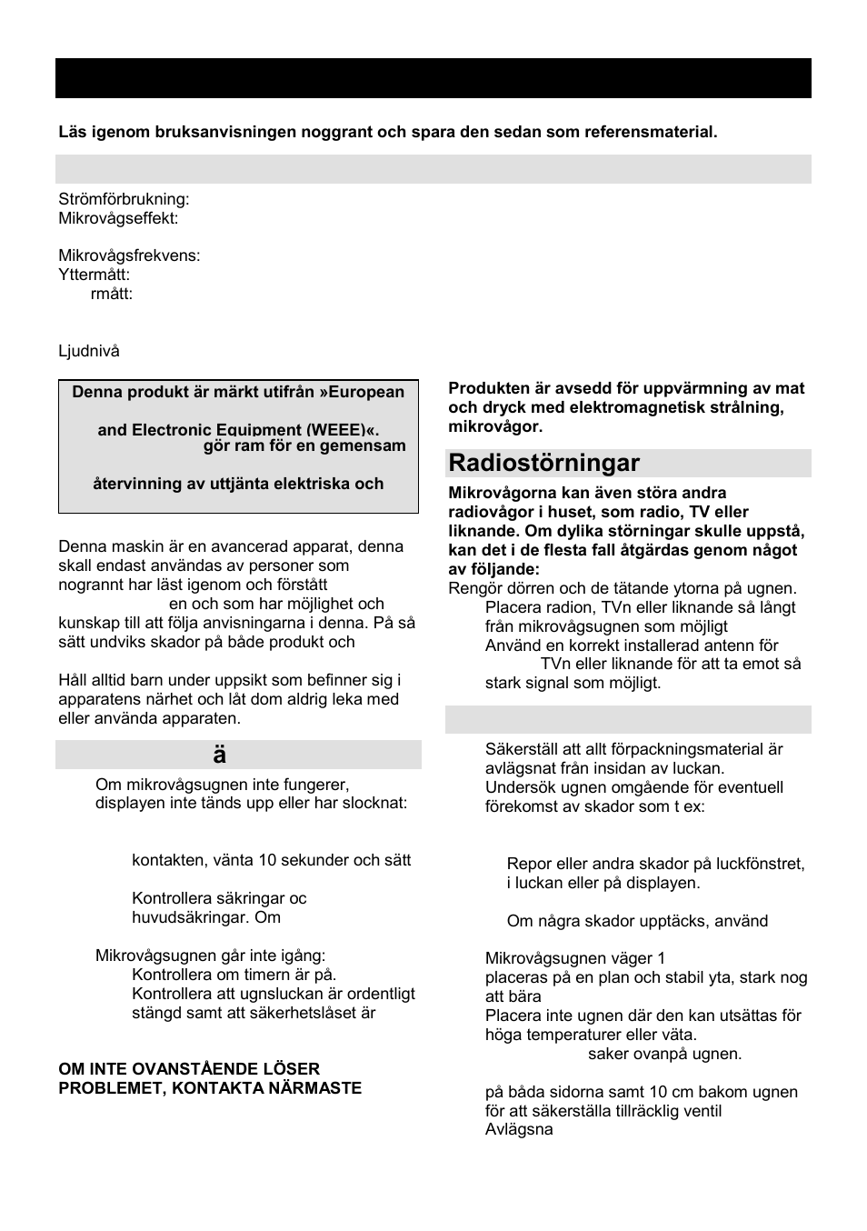 Bruksanvisning se, Tekniska specifikationer, Innan du beg är service | Radiostörningar, Installation | Gorenje SMO-23 DGB User Manual | Page 135 / 177