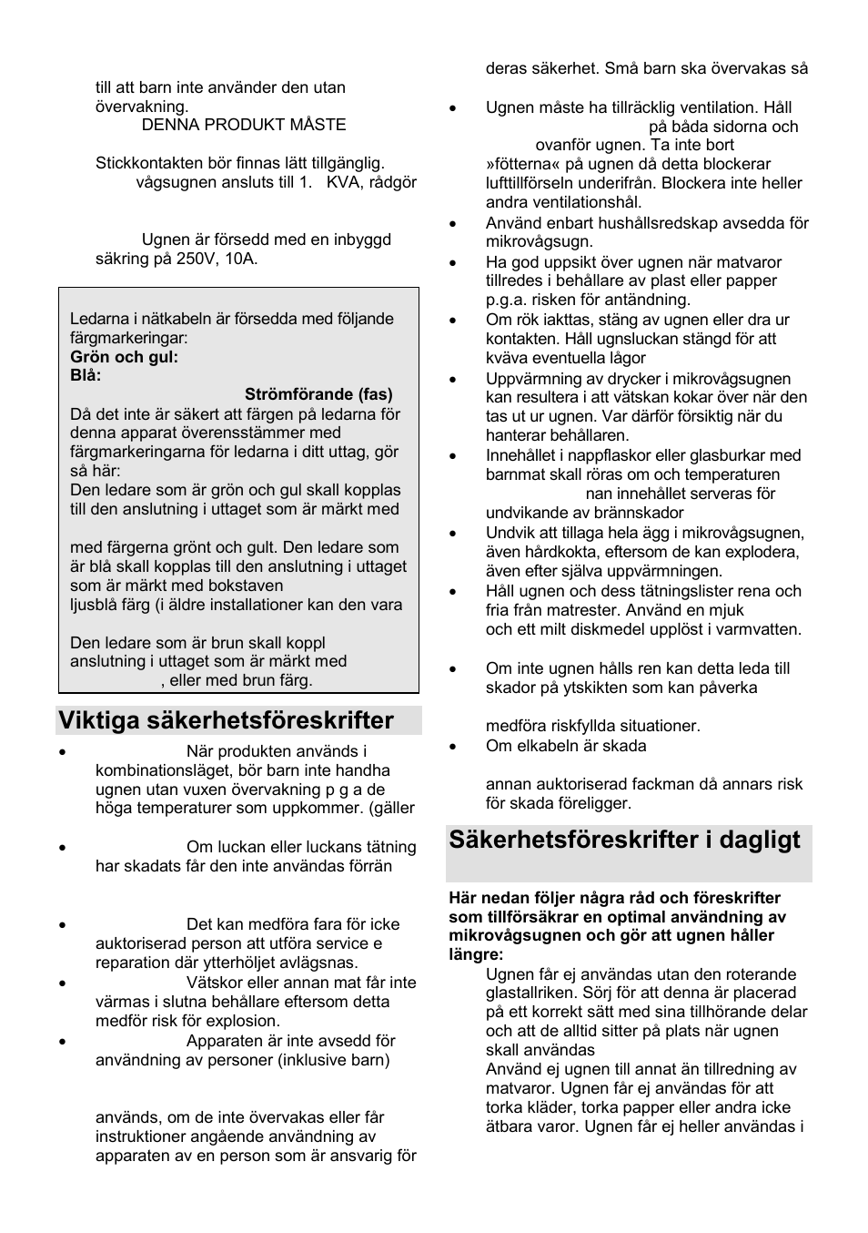 Viktiga säkerhetsföreskrifter, Säkerhetsföreskrifter i dagligt bruk | Gorenje SMO-23 DGB User Manual | Page 136 / 177