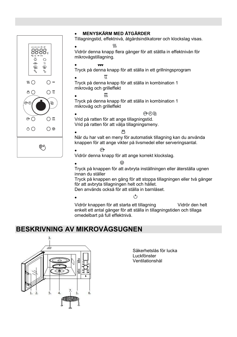 Kontrollpanel, Beskrivning av mikrovågsugnen | Gorenje SMO-23 DGB User Manual | Page 138 / 177