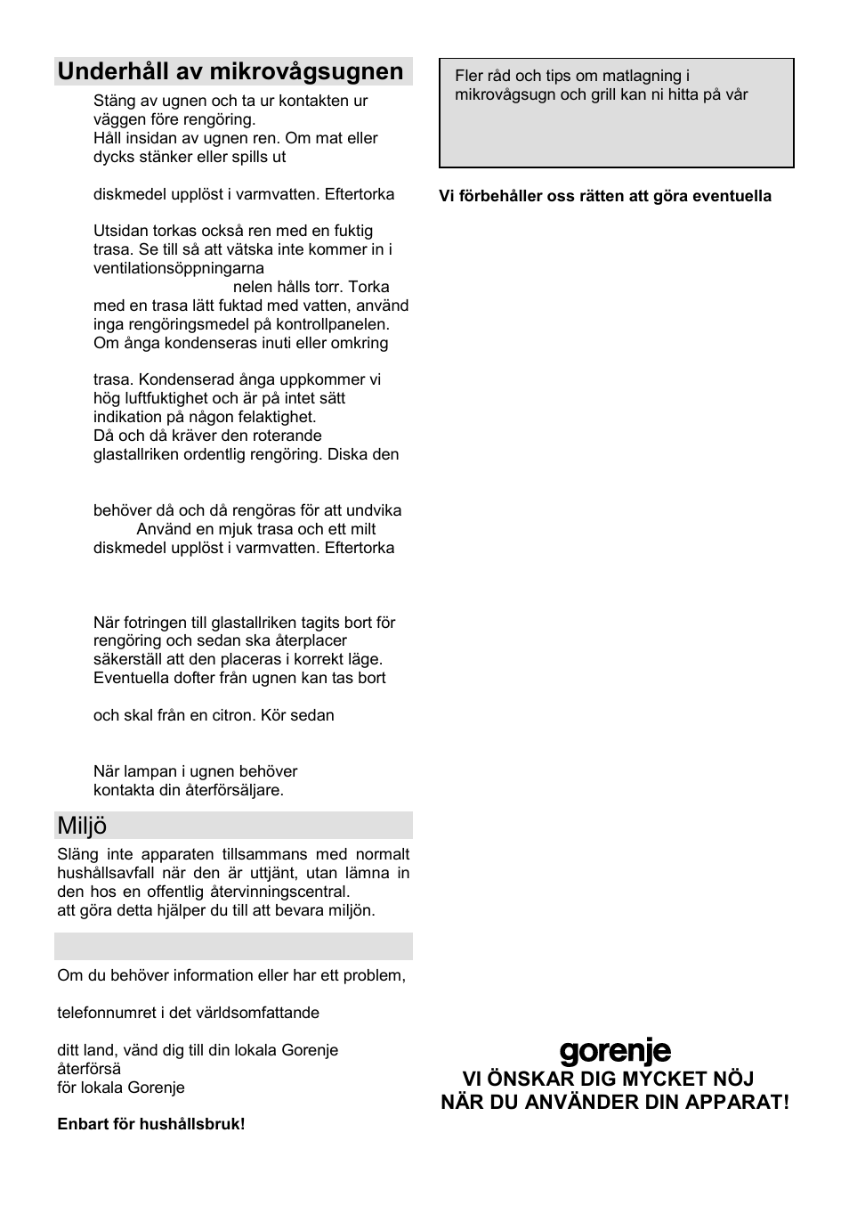 Underhåll av mikrovågsugnen, Miljö, Garanti & service | Gorenje SMO-23 DGB User Manual | Page 141 / 177