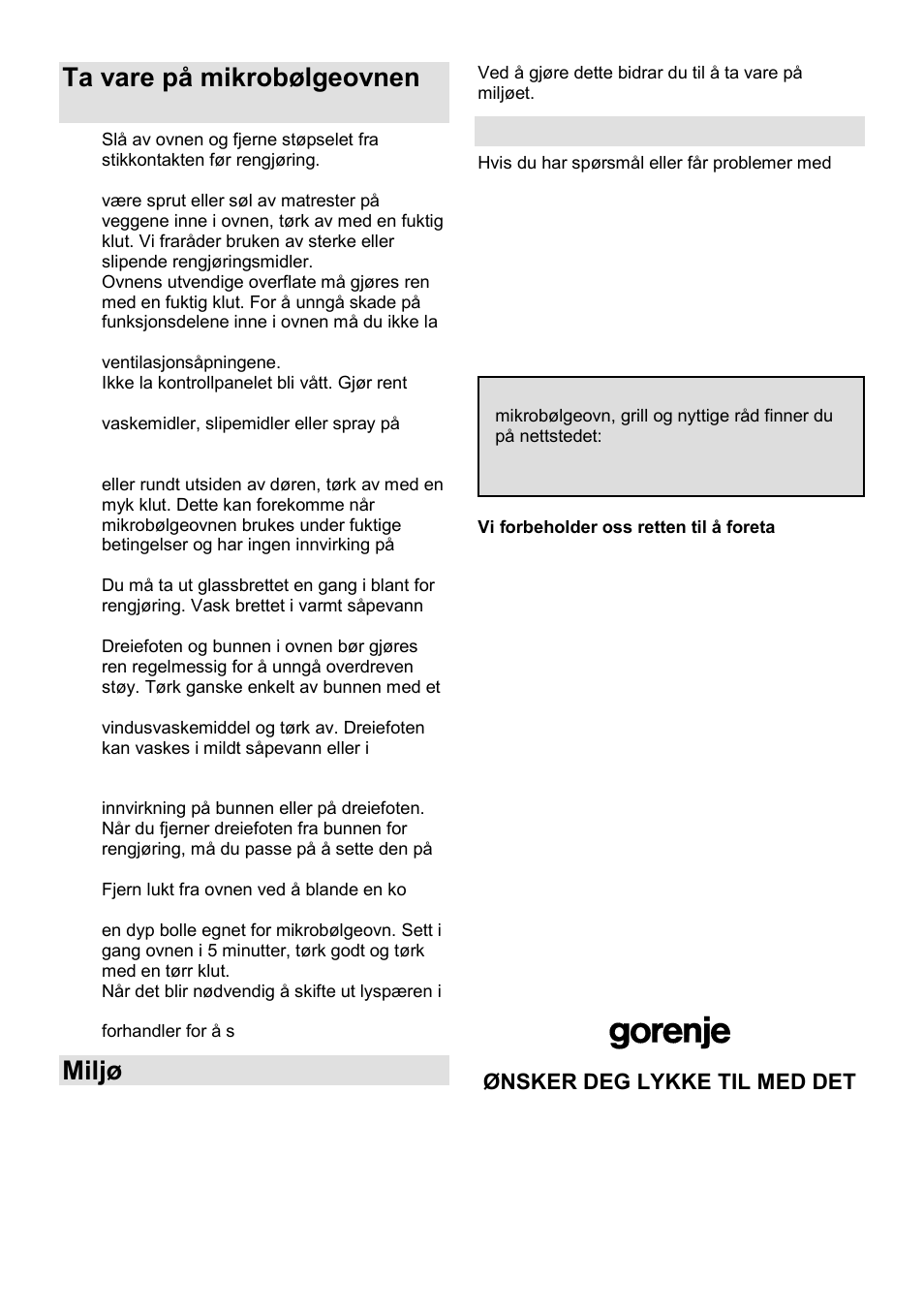 Ta vare på mikrobølgeovnen din, Miljø, Garanti og service | Gorenje SMO-23 DGB User Manual | Page 149 / 177