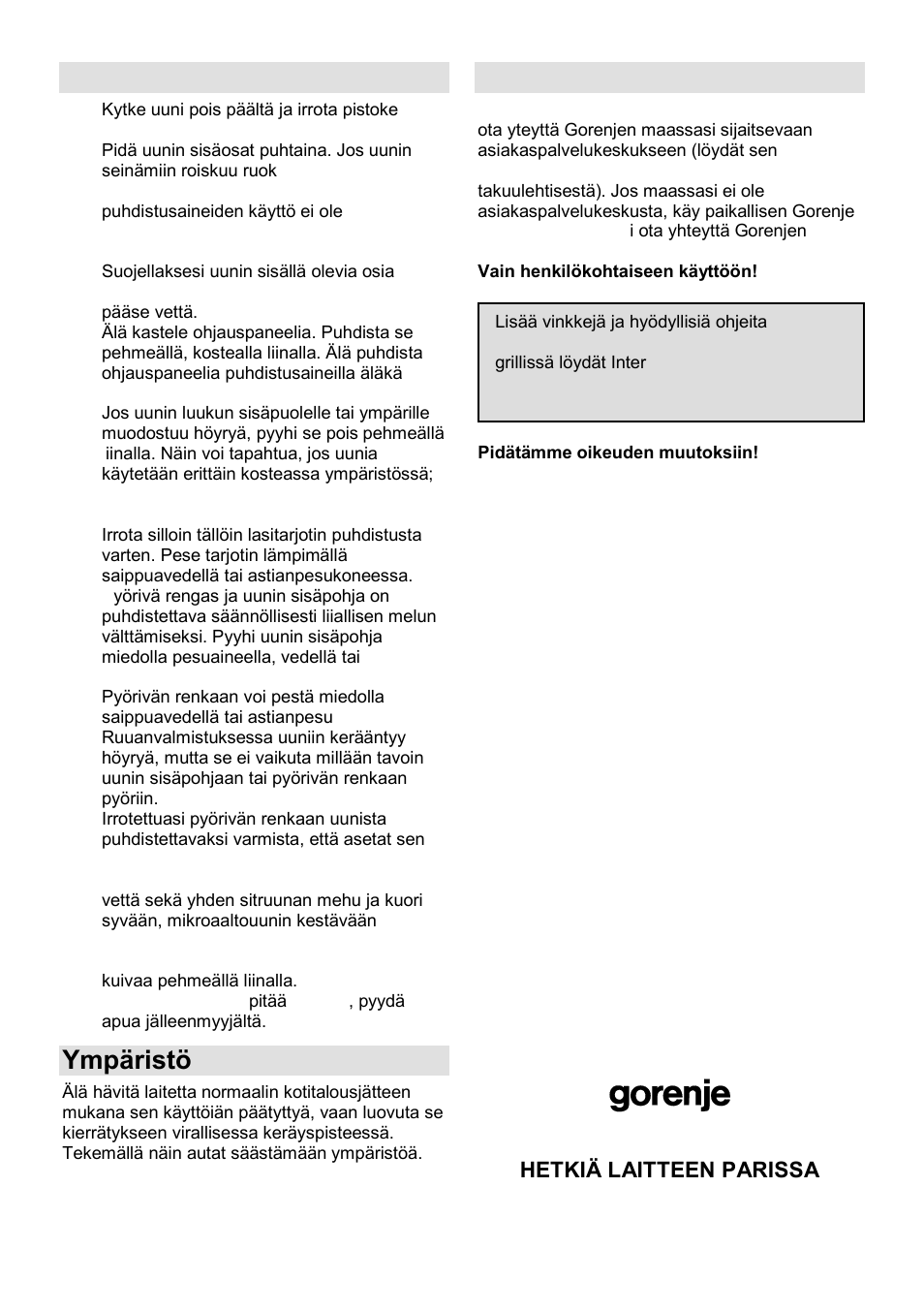 Mikroaaltouunin huolto, Ympäristö, Takuu ja huolto | Gorenje SMO-23 DGB User Manual | Page 156 / 177