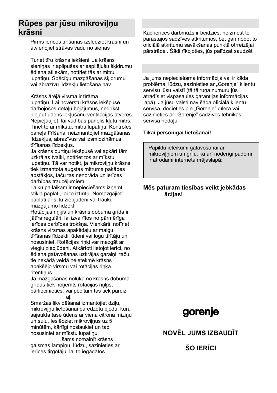 Rūpes par jūsu mikroviļņu krāsni, Vide, Garantija un serviss | Gorenje SMO-23 DGB User Manual | Page 163 / 177