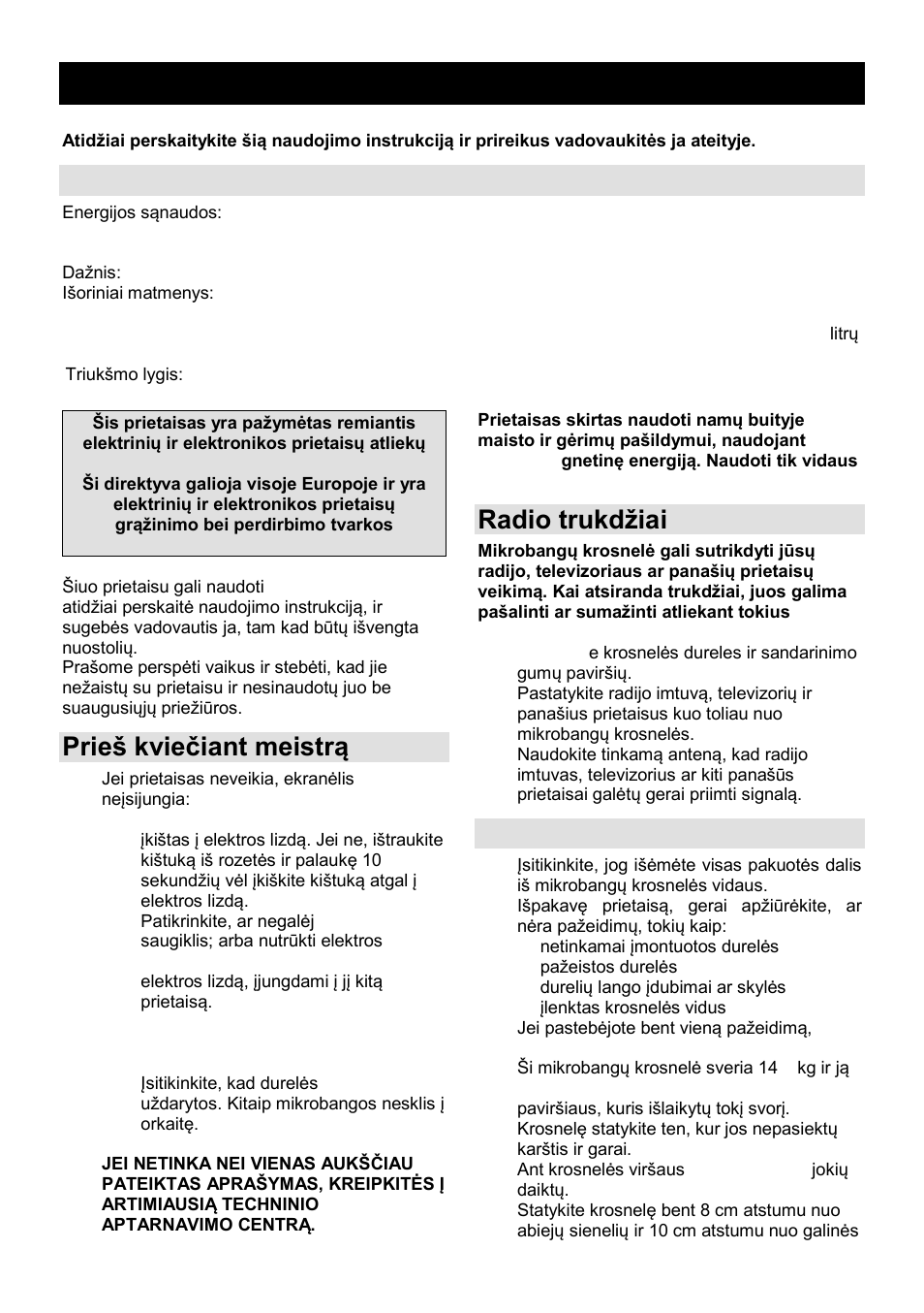 Naudojimo instrukcija lt, Techniniai duomenys, Prień kvieĉiant meistrą | Radio trukdņiai, Montavimas | Gorenje SMO-23 DGB User Manual | Page 164 / 177