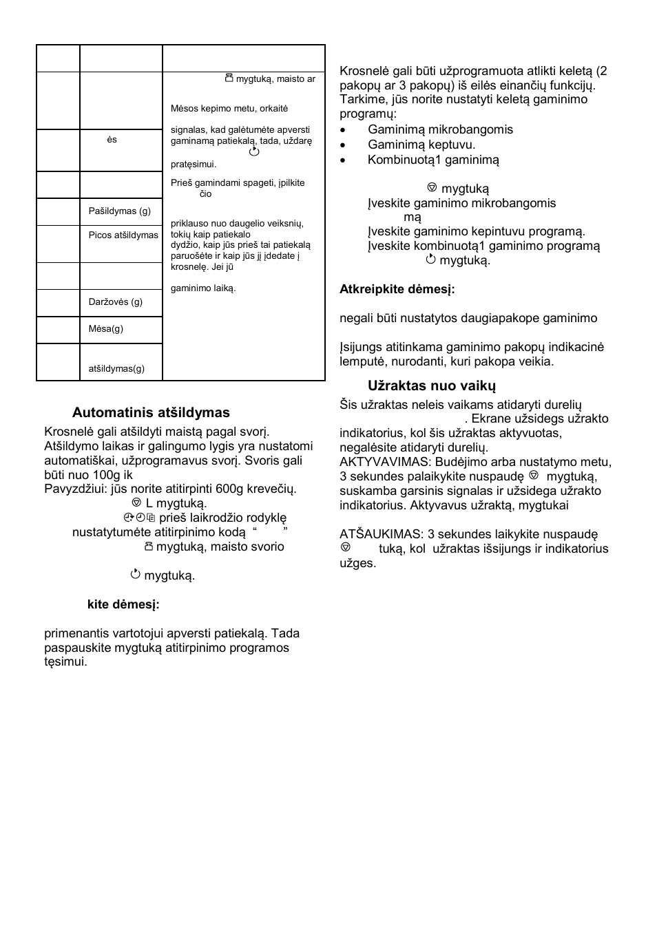 Automatinis atńildymas, Daugiapakopis gaminimas, Uņraktas nuo vaikų | Gorenje SMO-23 DGB User Manual | Page 169 / 177