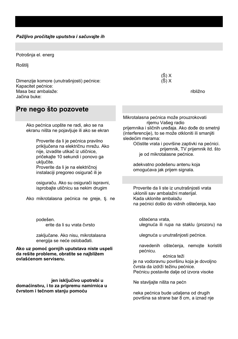 Uputstvo za upotrebu srb mne, Specifikacije, Pre nego ńto pozovete servisera | Radio-smetnje (interferencije), Postavljanje | Gorenje SMO-23 DGB User Manual | Page 17 / 177