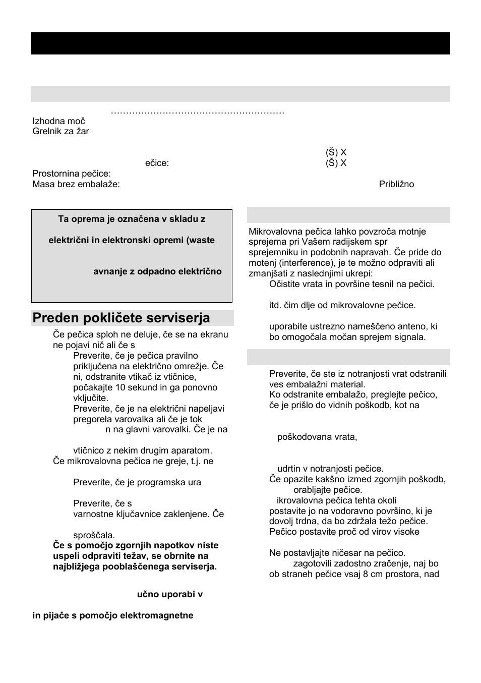 Navodila za uporabo si, Specifikacije, Preden pokliĉete serviserja | Radijske motnje (interference), Namestitev | Gorenje SMO-23 DGB User Manual | Page 3 / 177