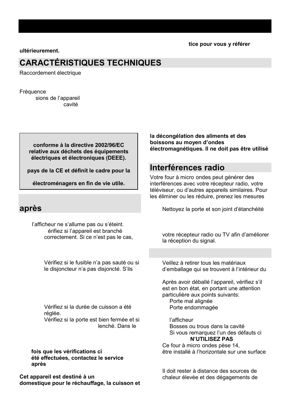 Notice d'utilisation fr, Caractçristiques techniques, Avant de contacter le service après-vente | Interférences radio, Installation | Gorenje SMO-23 DGB User Manual | Page 47 / 177