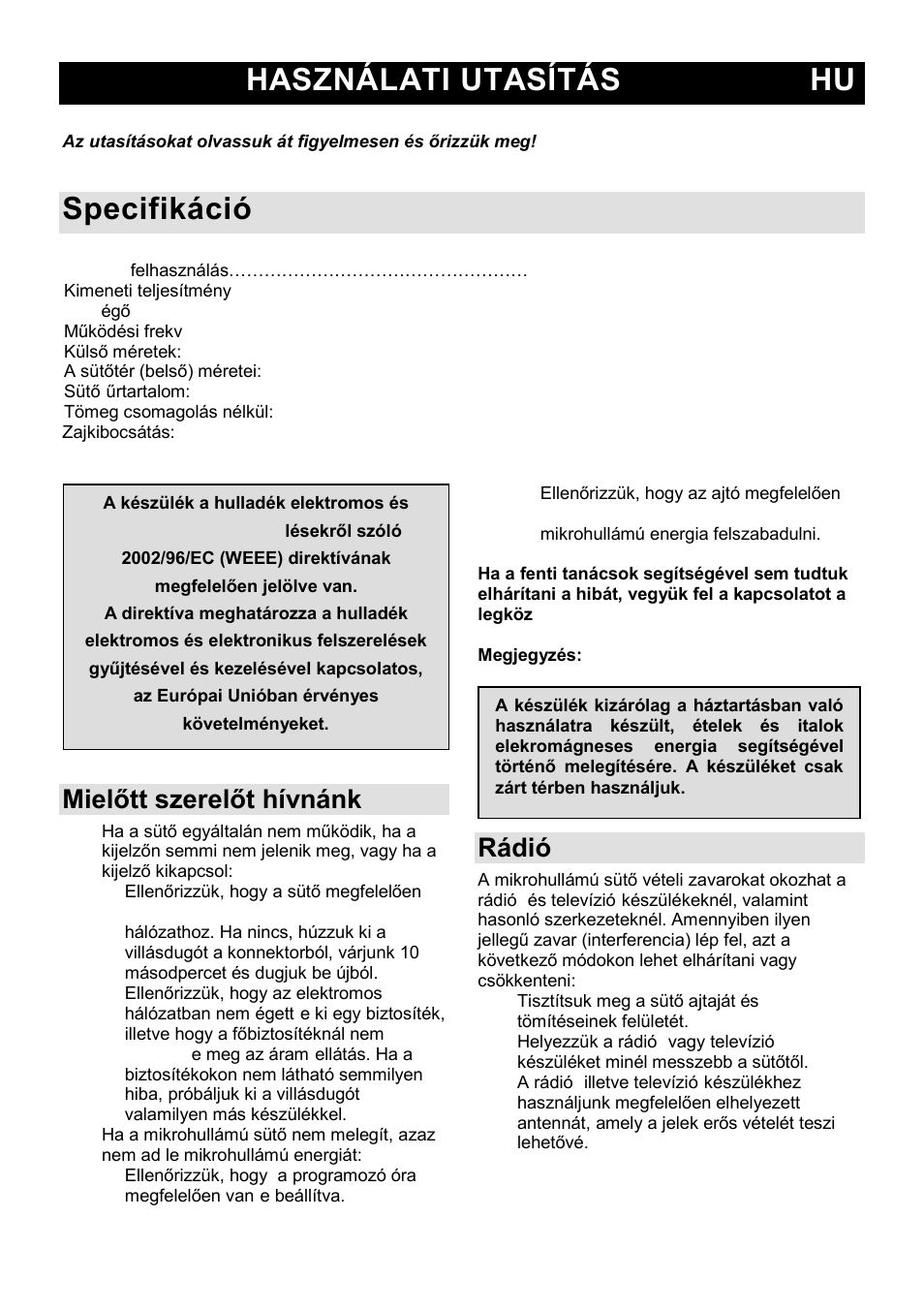 Használati utasítás hu, Specifikáció, Mielőtt szerelőt hívnánk | Rádió-zavarok (interferencia) | Gorenje SMO-23 DGB User Manual | Page 55 / 177