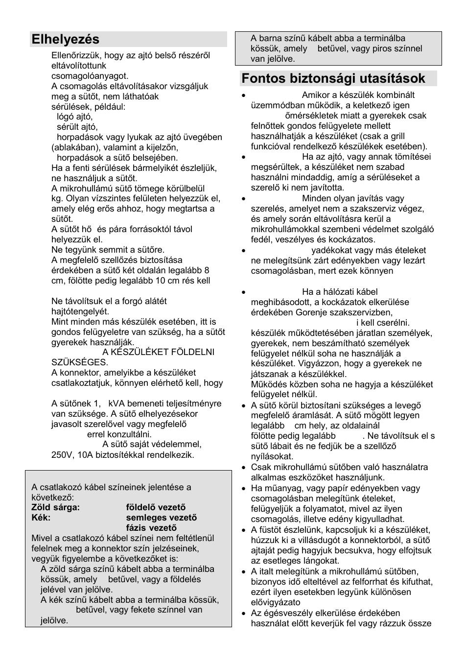 Elhelyezés, Fontos biztonsági utasítások | Gorenje SMO-23 DGB User Manual | Page 56 / 177