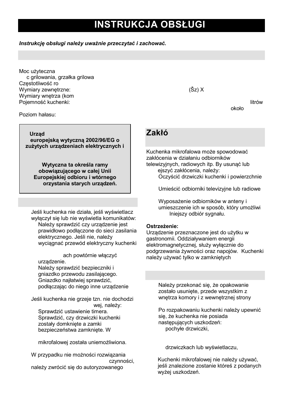 Instrukcja obsługi pl, Charakterystyki techniczne, Przed wezwaniem serwisu | Instalacja | Gorenje SMO-23 DGB User Manual | Page 63 / 177