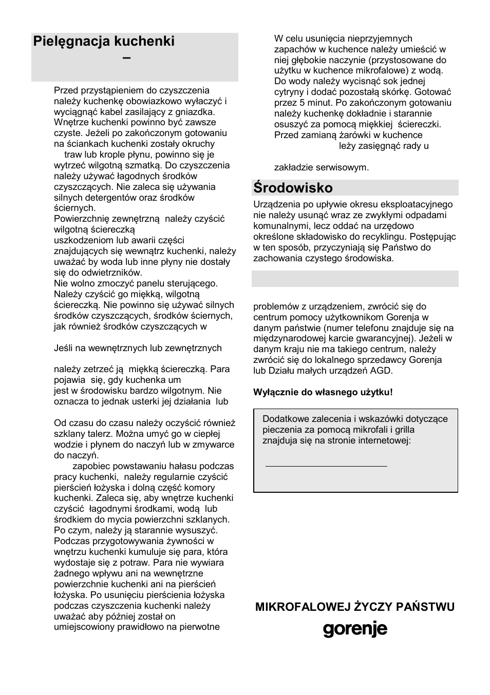 Środowisko, Gwarancja i serwis naprawczy | Gorenje SMO-23 DGB User Manual | Page 70 / 177