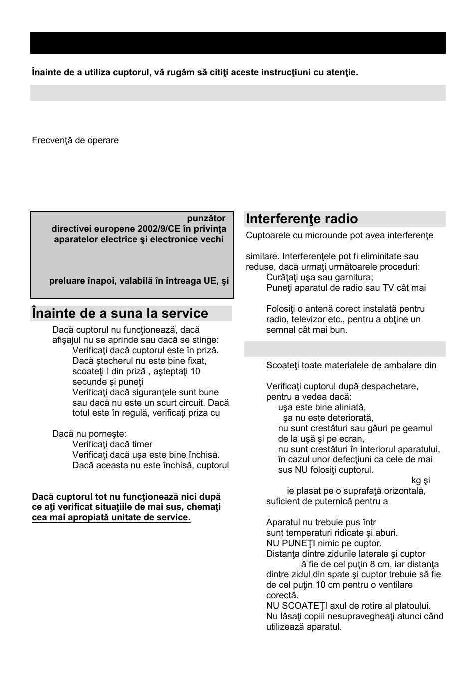 Manual de utilizare ro, Caracteristici, Înainte de a suna la service | Interferenŝe radio, Instalare | Gorenje SMO-23 DGB User Manual | Page 71 / 177