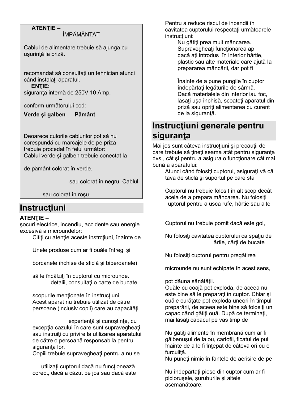 Instrucŝiuni importante, Instrucŝiuni generale pentru siguranŝa dvs | Gorenje SMO-23 DGB User Manual | Page 72 / 177