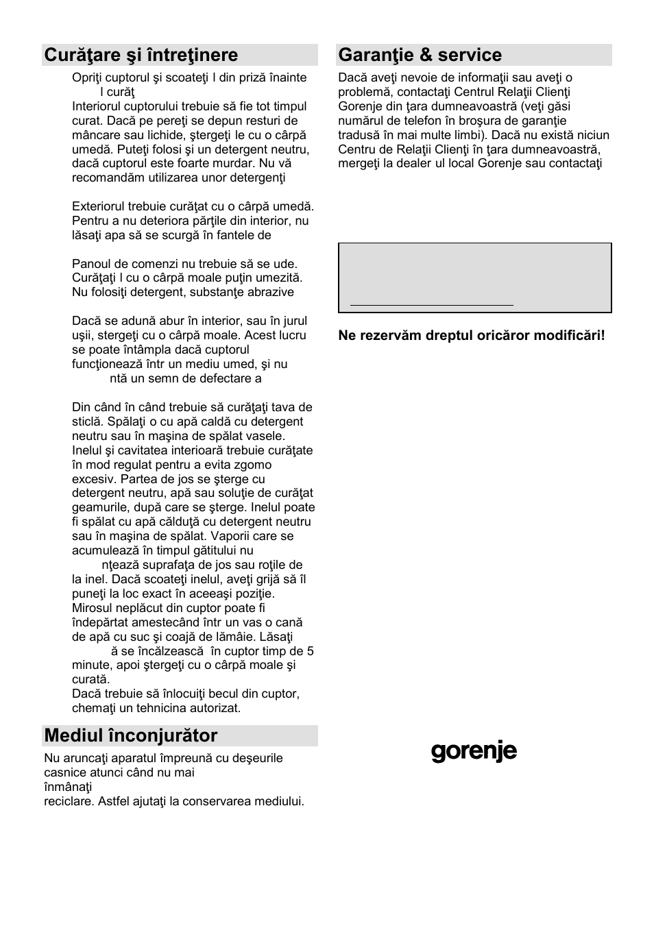 Curăŝare şi întreŝinere, Mediul înconjurător, Garanŝie & service | Gorenje SMO-23 DGB User Manual | Page 77 / 177