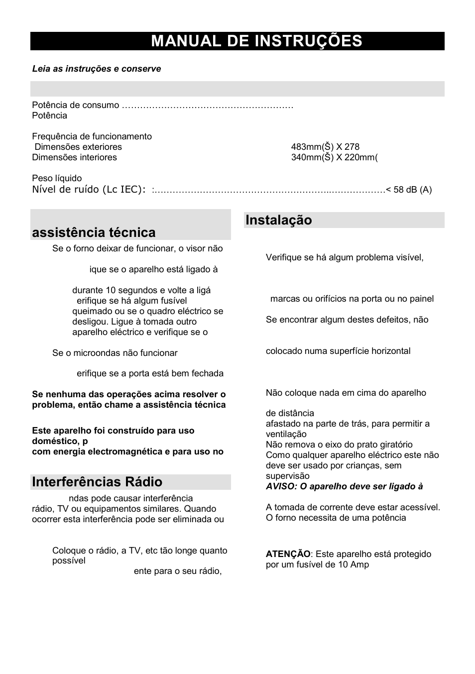 Manual de instruæões pt, Specifikacije, Antes de chamar a assistência técnica | Interferências rádio, Instalação | Gorenje SMO-23 DGB User Manual | Page 78 / 177