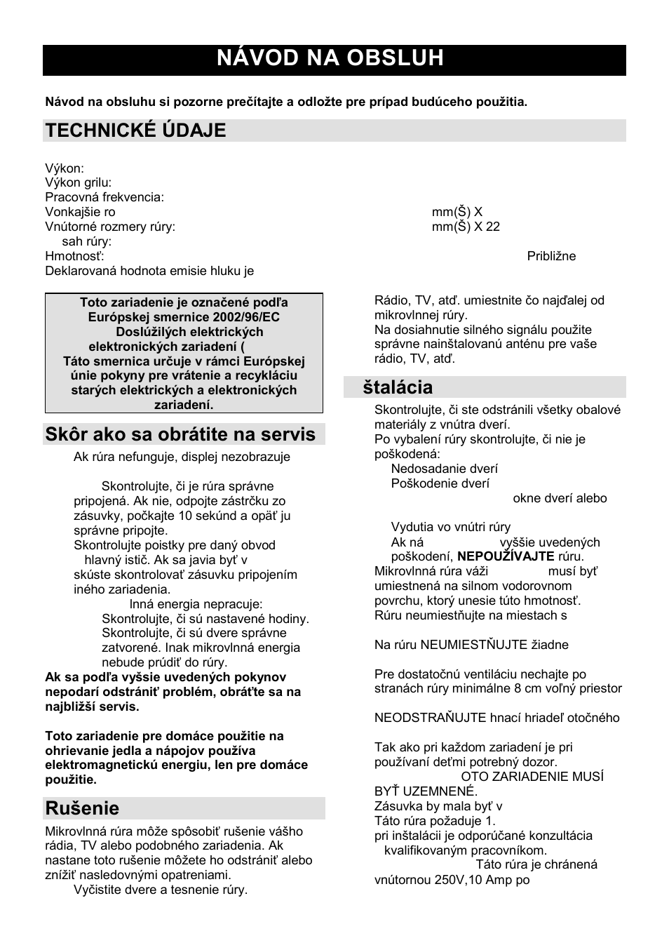 Návod na obsluhu sk, Technickç údaje, Skôr ako sa obrátite na servis | Ruńenie | Gorenje SMO-23 DGB User Manual | Page 85 / 177