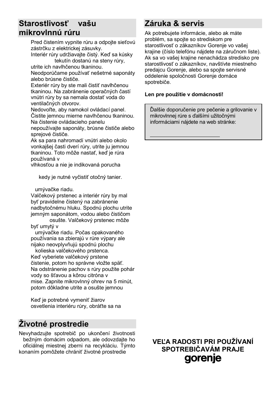 Starostlivosť o vańu mikrovlnnú rúru, Ņivotné prostredie, Záruka & servis | Gorenje SMO-23 DGB User Manual | Page 91 / 177