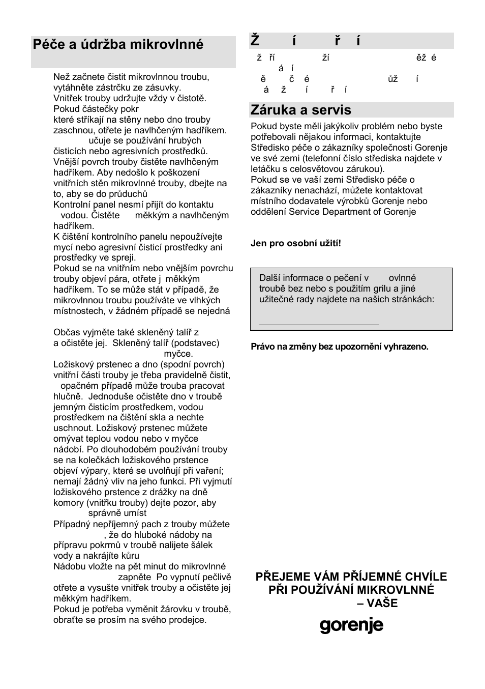 Péĉe a údrņba mikrovlnné trouby, Ņivotní prostředí, Záruka a servis | Gorenje SMO-23 DGB User Manual | Page 98 / 177