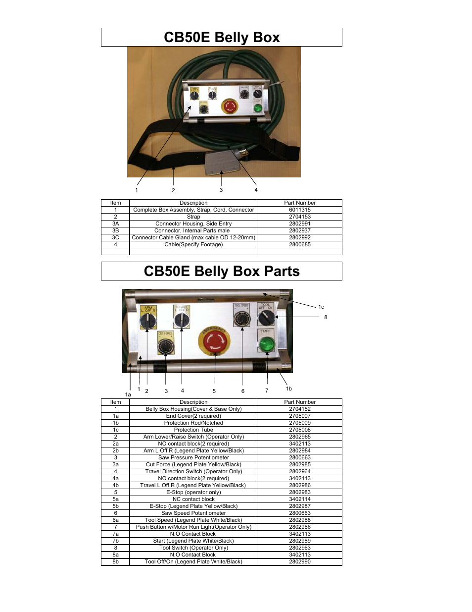 Cb50e belly box parts, Cb50e belly box | Diamond Products CB50E User Manual | Page 7 / 8