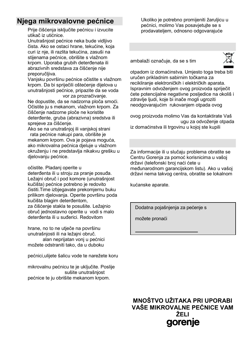 Njega mikrovalovne pećnice, Okolina, Garancija i servis | Gorenje MO-23 DGW User Manual | Page 16 / 90