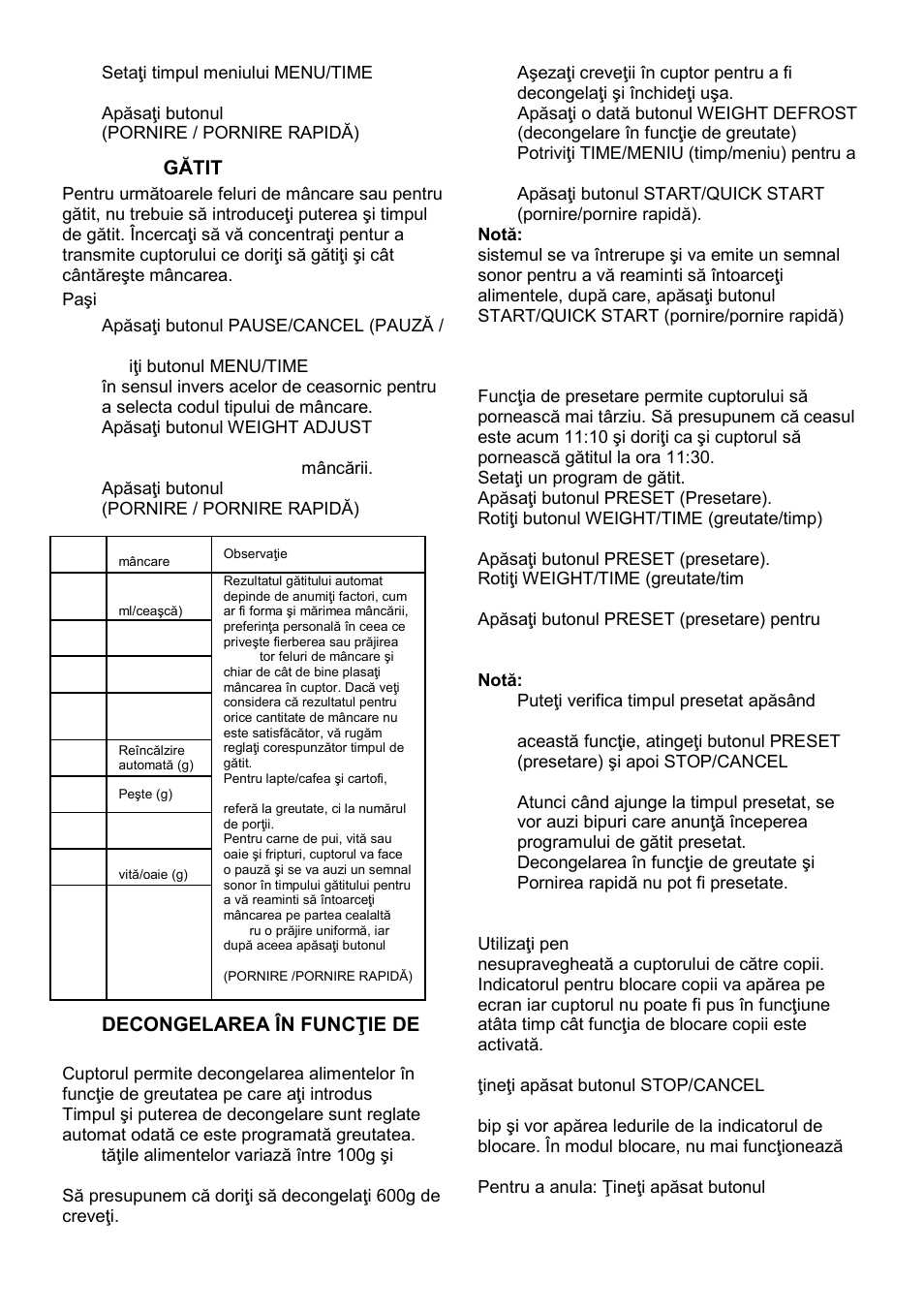 Auto gătit, Preset (presetare), Child lock (blocare copii) | Gorenje MO-23 DGW User Manual | Page 60 / 90