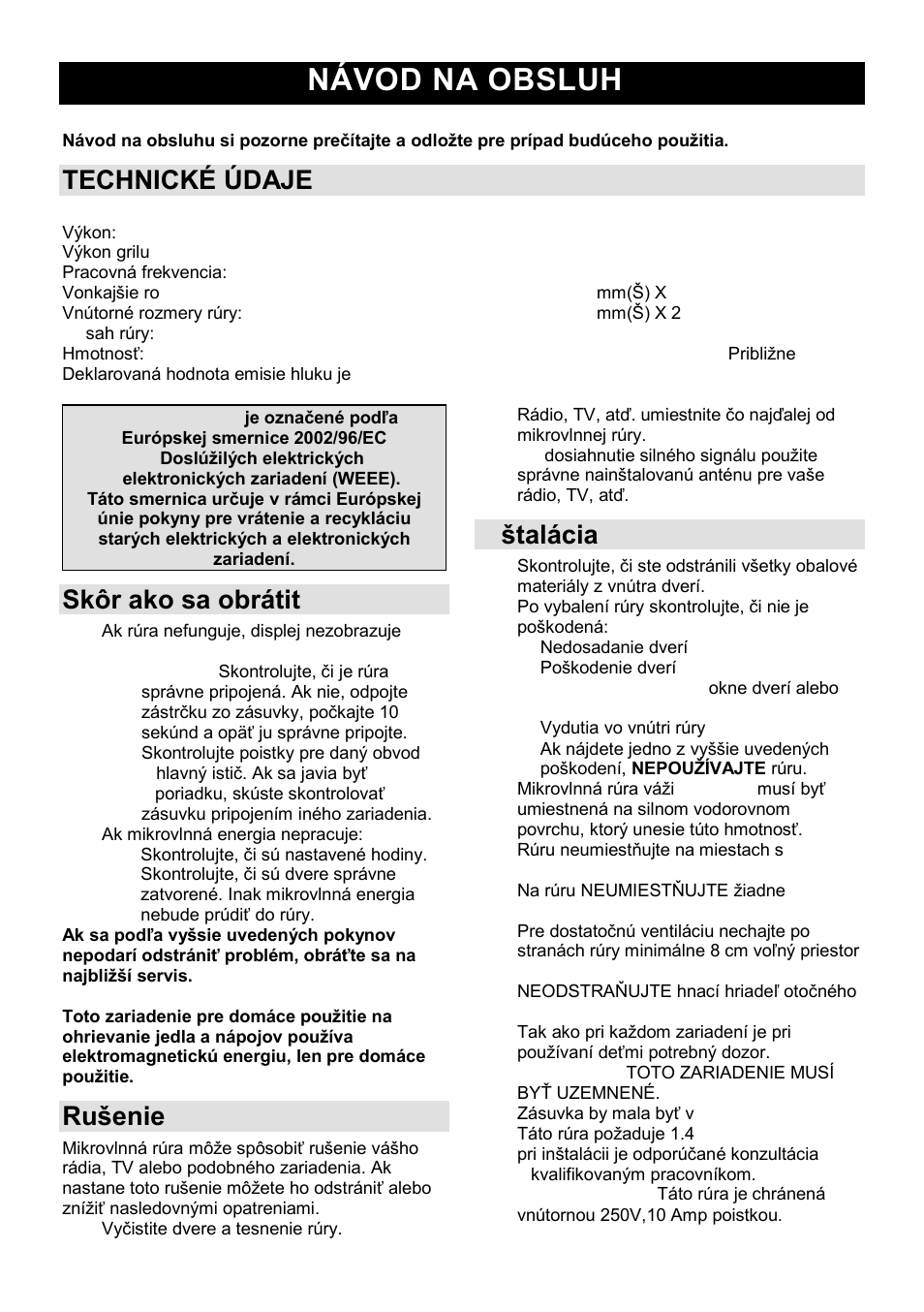 Návod na obsluhu sk, Technické údaje, Skôr ako sa obrátite na servis | Ruńenie | Gorenje MO-23 DGW User Manual | Page 62 / 90