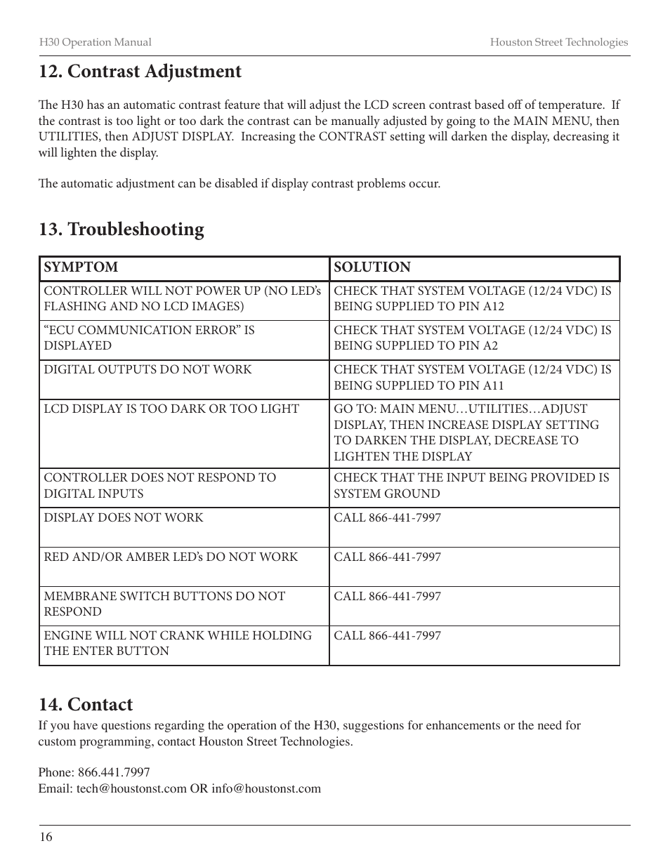 Contrast adjustment, Troubleshooting, Contact | Diamond Products CB66DS User Manual | Page 36 / 44