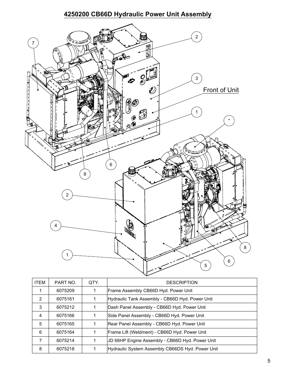 Hydraulic power unit assembly, Sheet1, Drawing view1 | Drawing view2, Front of unit | Diamond Products CB66DS User Manual | Page 5 / 44