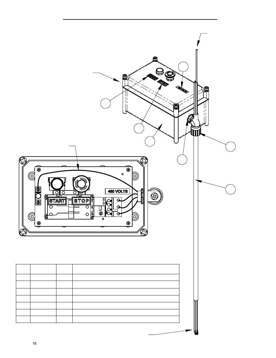 Starter box assembly, 7.5 hp, 3 phase, 460v, Ground lug to motor and ground lug, Overload relay customer supplied hole for green to | Diamond Products CC100 User Manual | Page 16 / 24