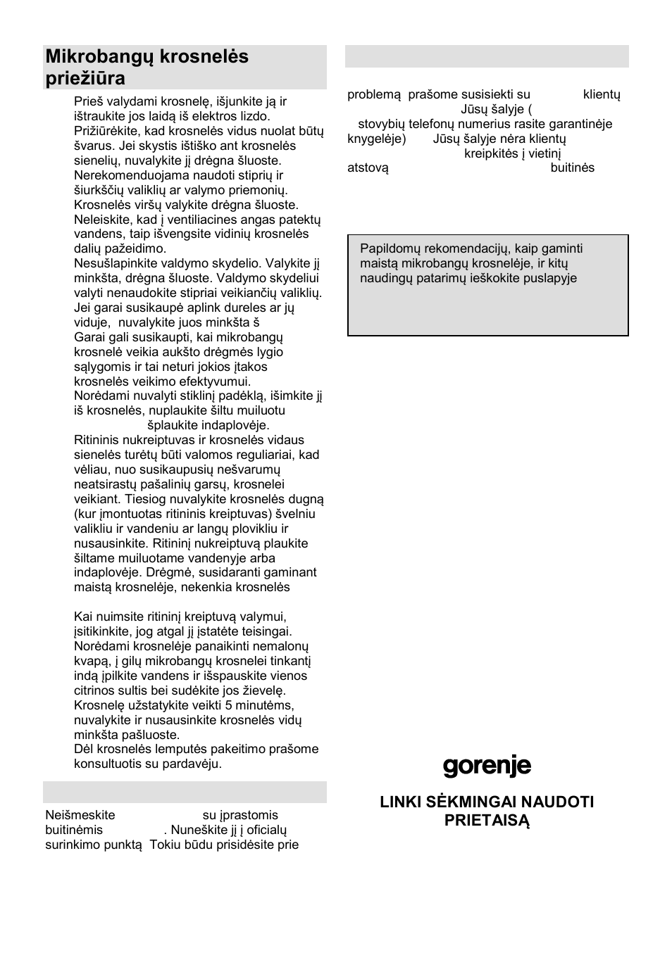 Mikrobangų krosnelės prieņiūra, Aplinka, Garantija ir aptarnavimas | Gorenje SMO-23 DGW User Manual | Page 170 / 177