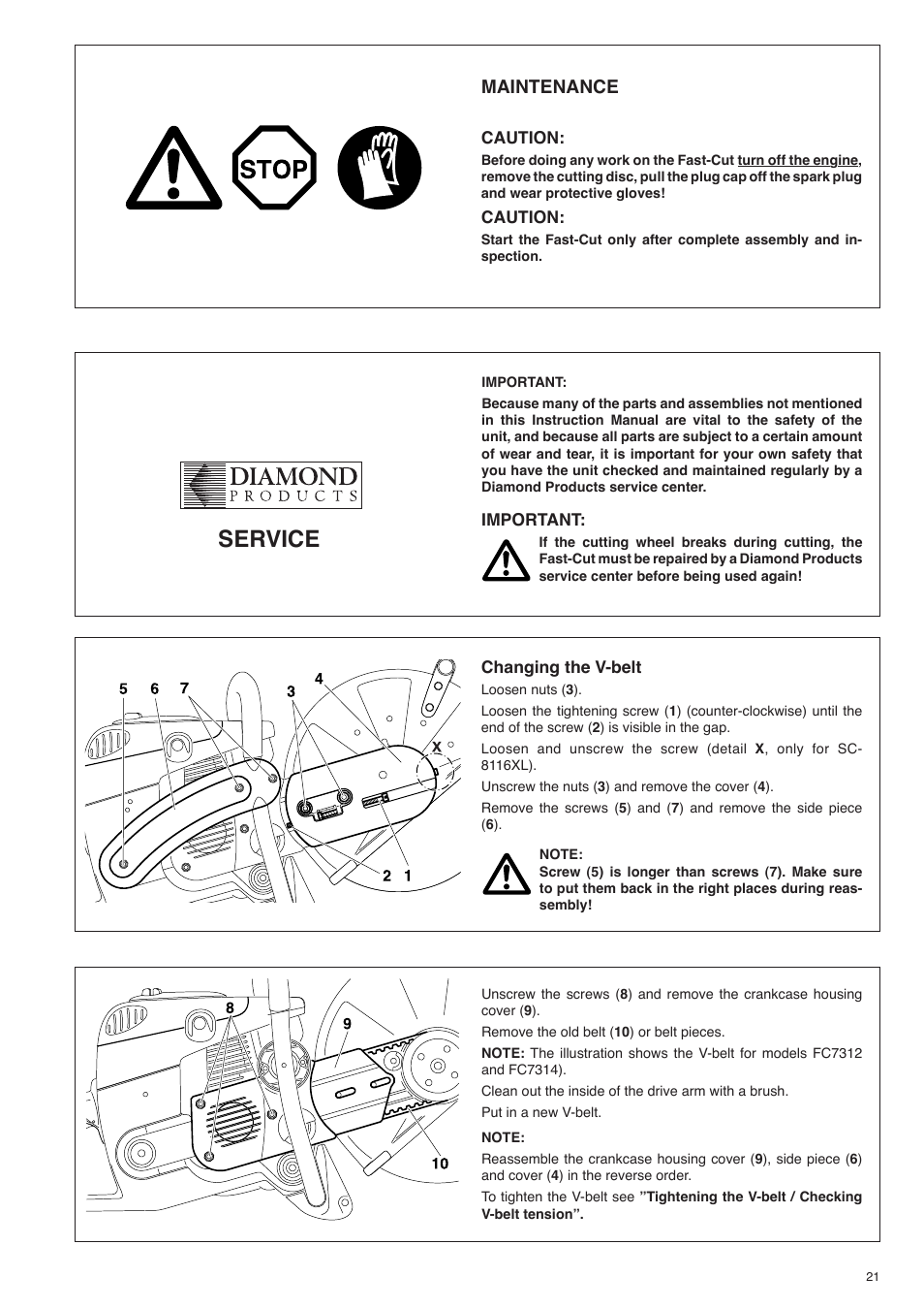 Service, Maintenance | Diamond Products Fast-Cut SLR User Manual | Page 21 / 32