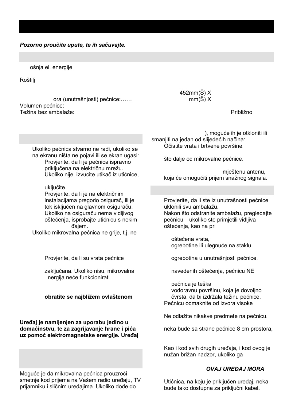 Upute za uporabu hr, Specifikacija, Prije nego pozovete servisera | Radijske smetnje (interferencija), Postavljanje | Gorenje MO-20 DGS User Manual | Page 10 / 97