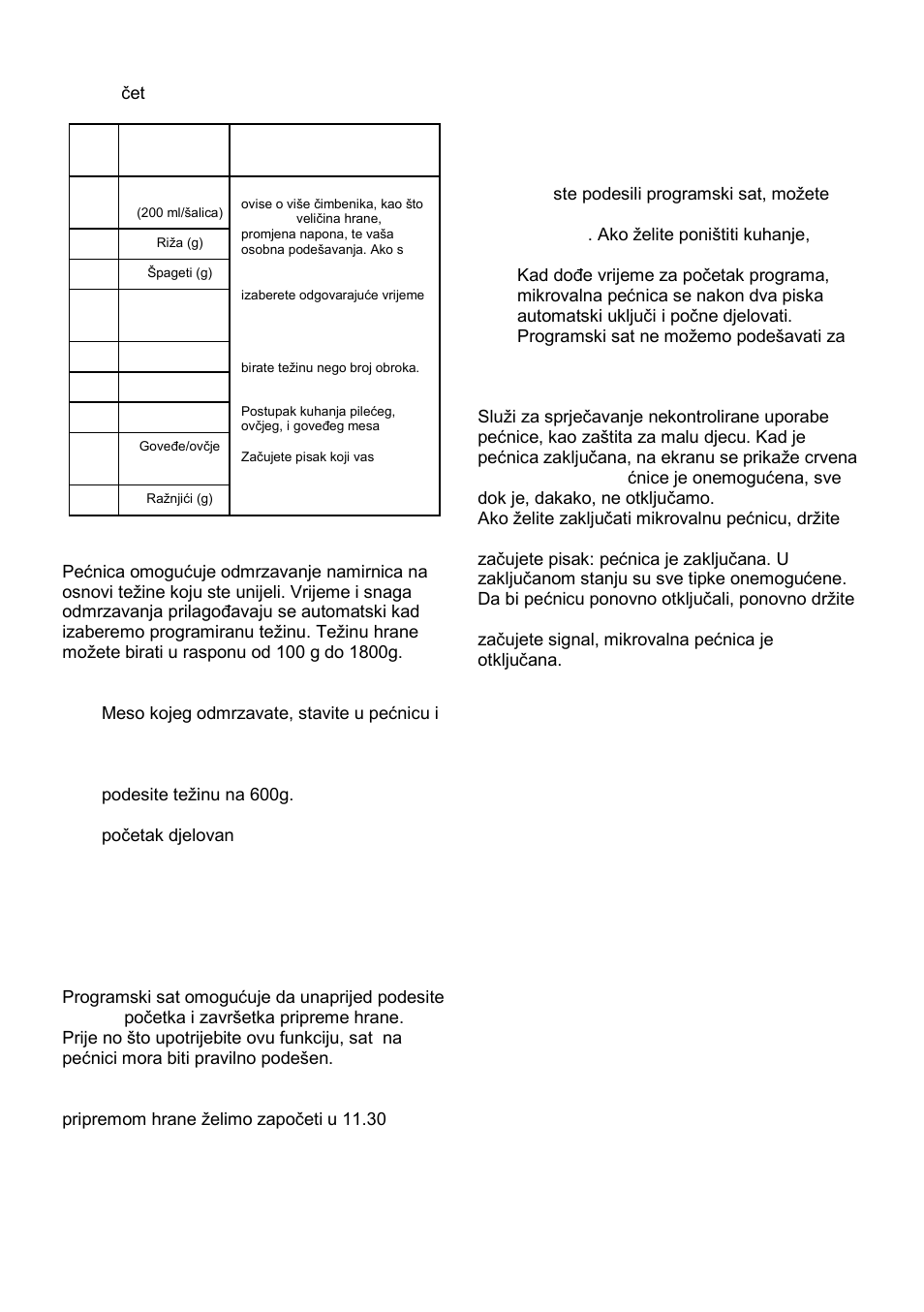 Odmrzavanje hrane, Programski sat (preset), Sigurnosna blokada | Gorenje MO-20 DGS User Manual | Page 15 / 97