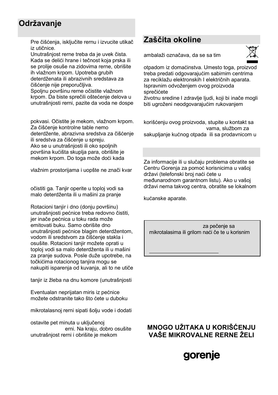Odrņavanje mikrotalasne rerne, Zańĉita okoline, Garancija i servis | Gorenje MO-20 DGS User Manual | Page 23 / 97