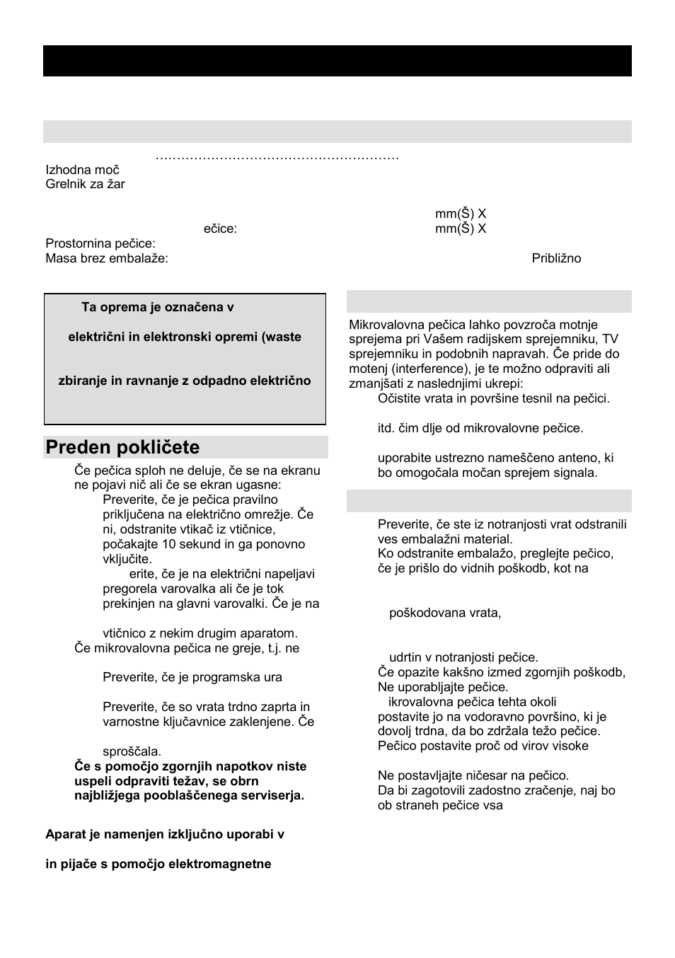 Navodila za uporabo si, Specifikacije, Preden pokliĉete serviserja | Radijske motnje (interference), Namestitev | Gorenje MO-20 DGS User Manual | Page 3 / 97