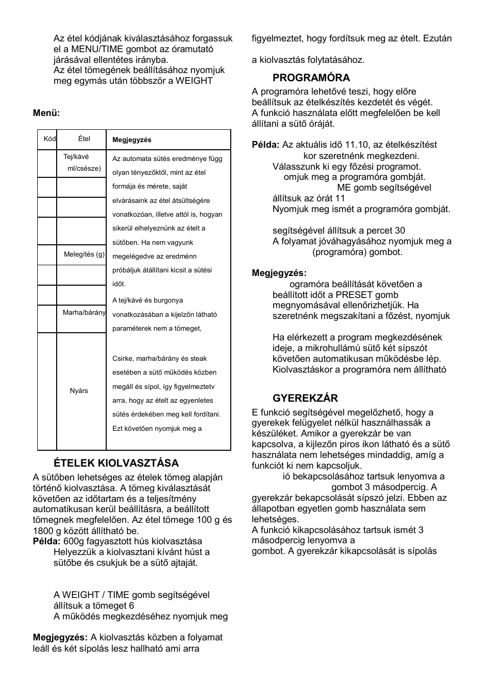 Ételek kiolvasztása, Programóra, Gyerekzár | Gorenje MO-20 DGS User Manual | Page 45 / 97