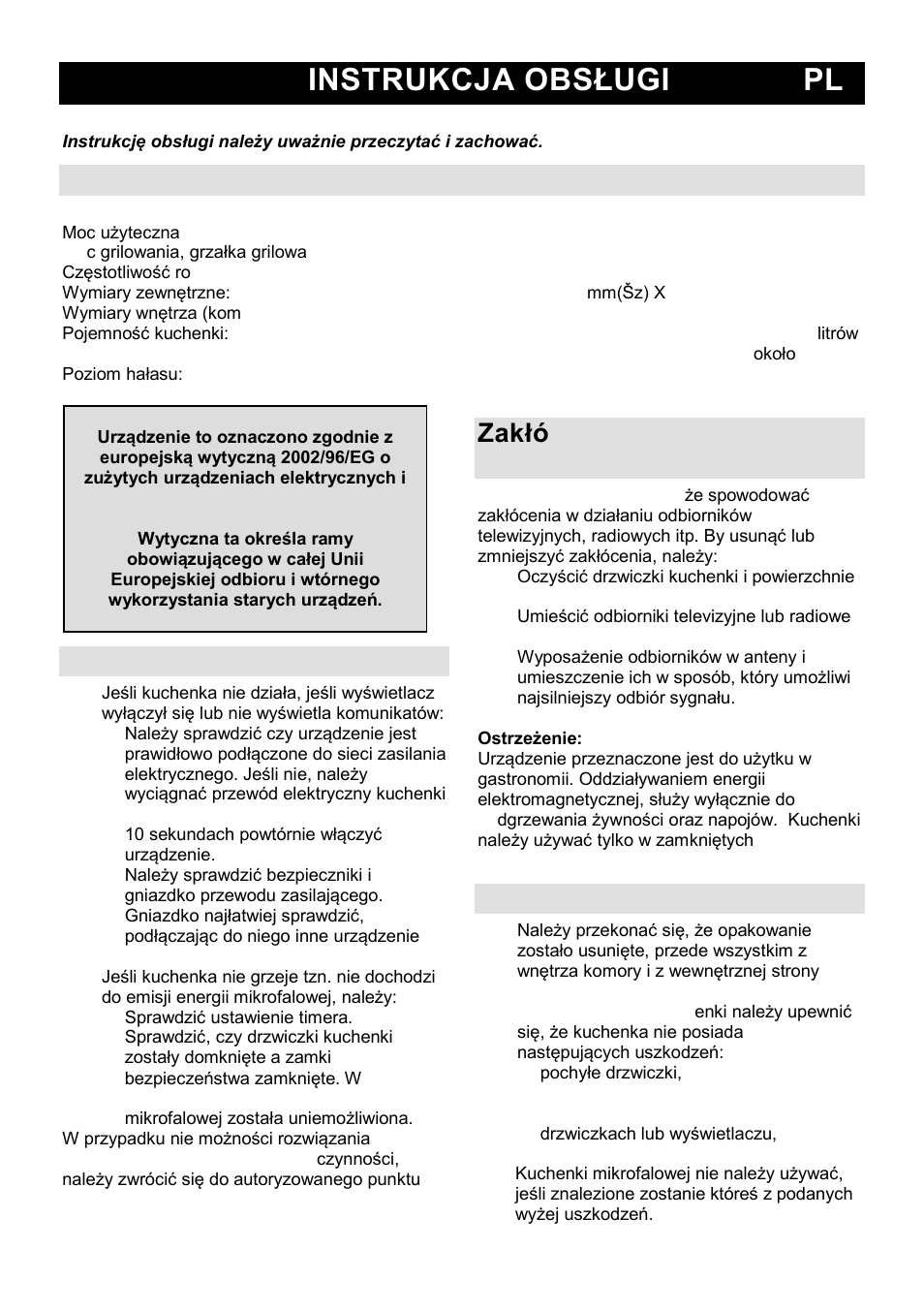 Instrukcja obsługi pl, Charakterystyki techniczne, Przed wezwaniem serwisu | Instalacja | Gorenje MO-20 DGS User Manual | Page 47 / 97