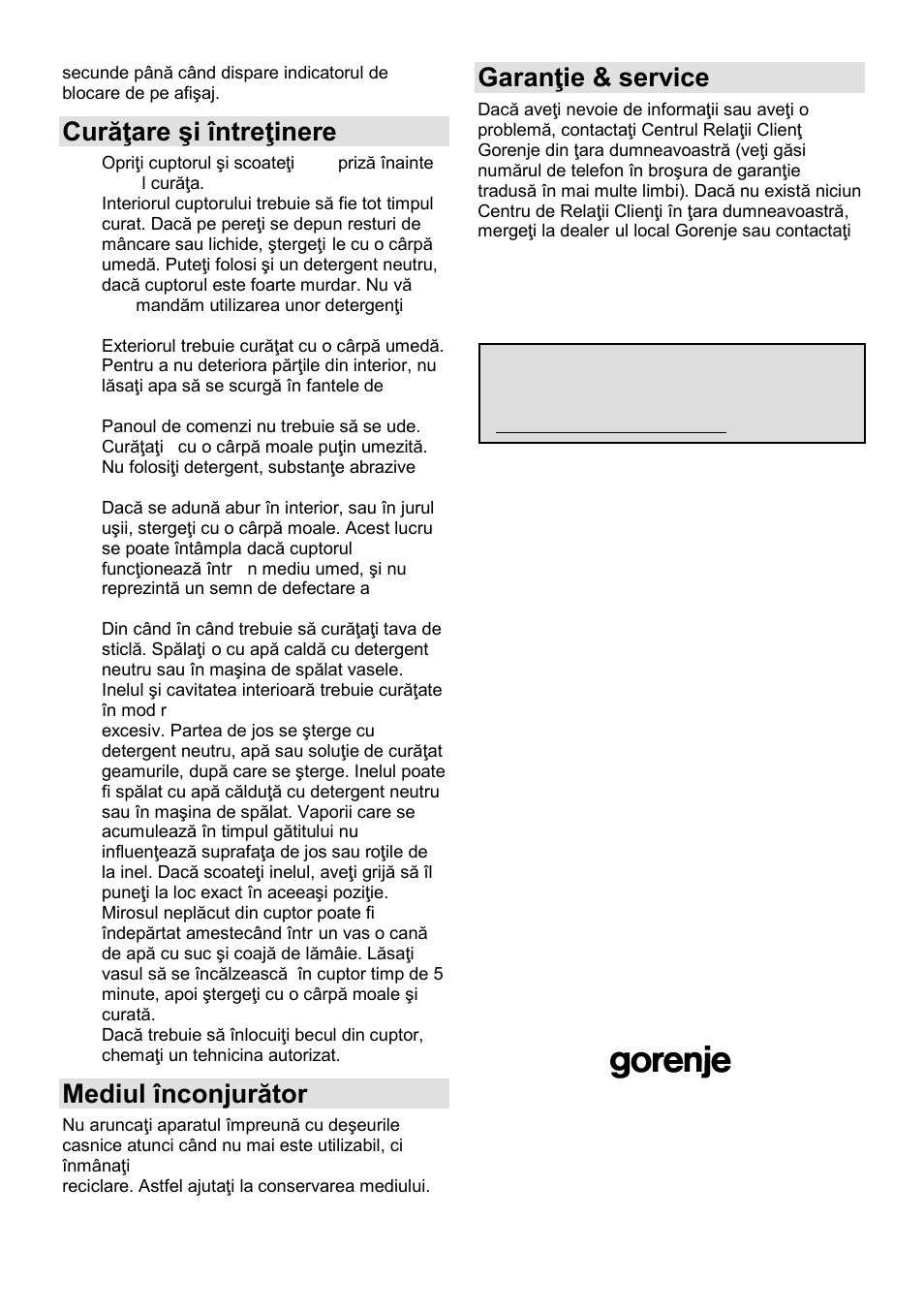 Curăŝare şi întreŝinere, Mediul înconjurător, Garanŝie & service | Gorenje MO-20 DGS User Manual | Page 61 / 97