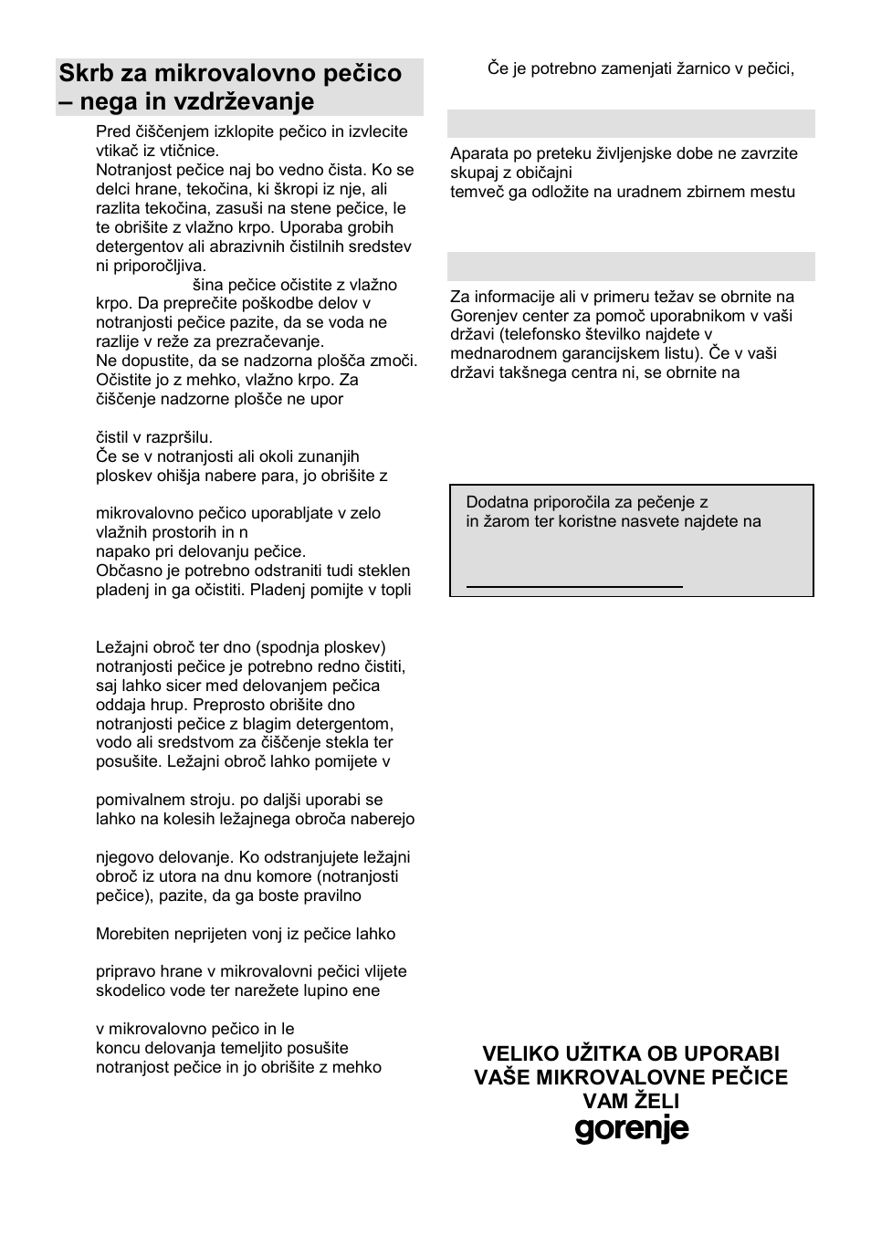 Skrb za mikrovalovno peĉico – nega in vzdrņevanje, Okolje, Garancija in servis | Gorenje MO-20 DGS User Manual | Page 9 / 97