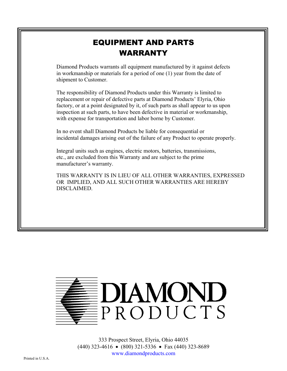 Warranty, Equipment and parts warranty | Diamond Products Hydraulic Hand Saw HS-24 User Manual | Page 8 / 8