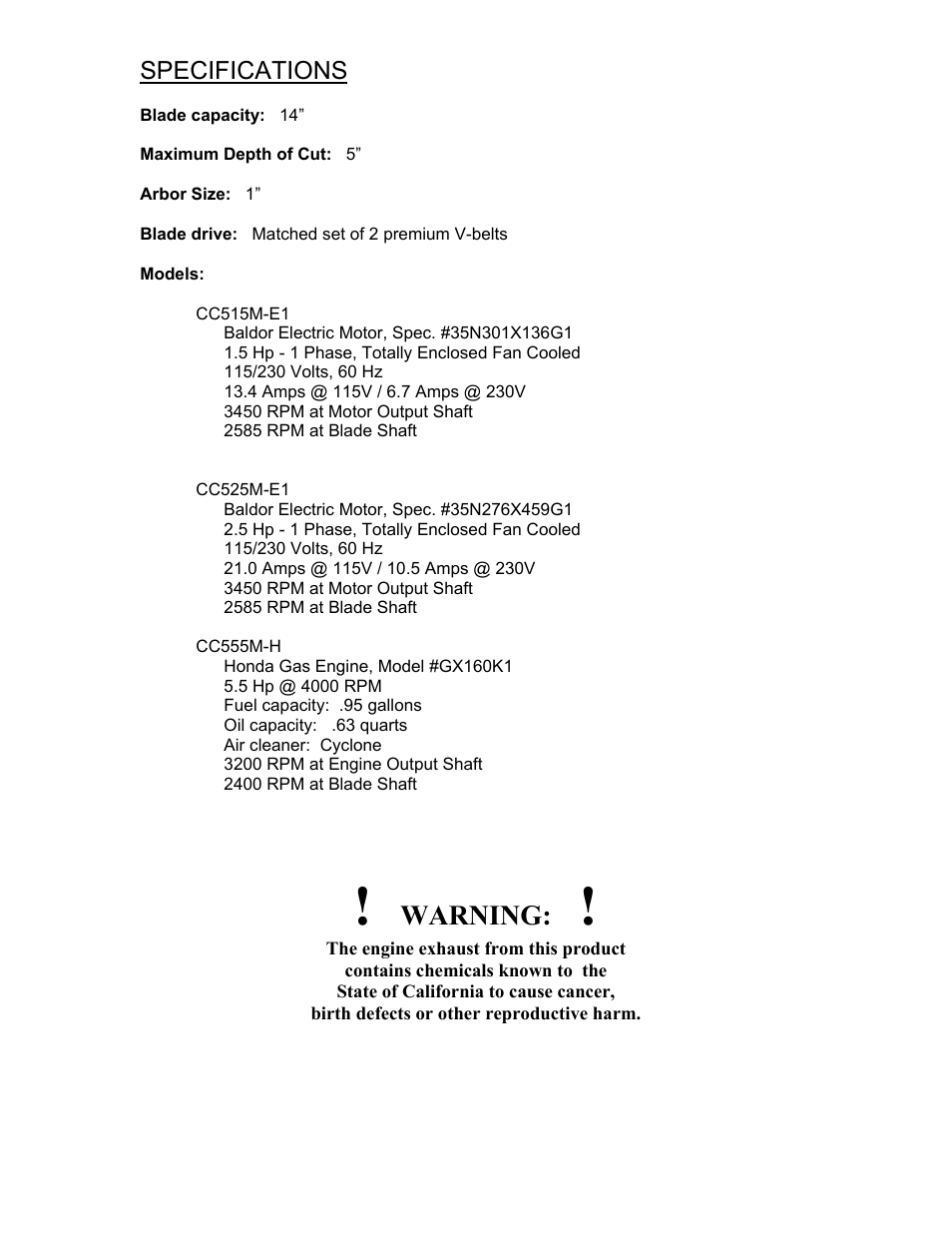 Warning, Specifications | Diamond Products CC500M User Manual | Page 7 / 7