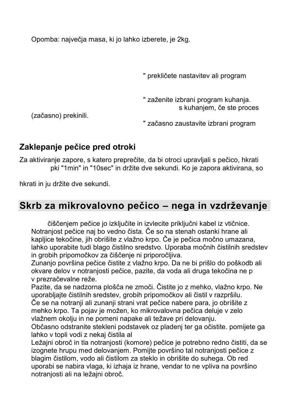 Skrb za mikrovalovno peţico – nega in vzdrţevanje, Zagon in ponastavitev, Zaklepanje peţice pred otroki | Gorenje CMO-200 DWII User Manual | Page 10 / 125