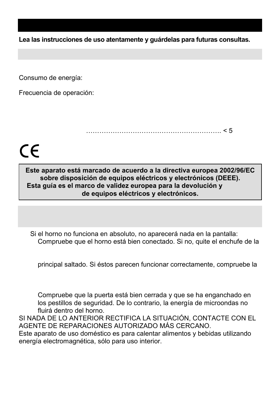 Microondas es, Especificaciones, Antes de llamar al centro de reparaciones | Gorenje CMO-200 DWII User Manual | Page 107 / 125