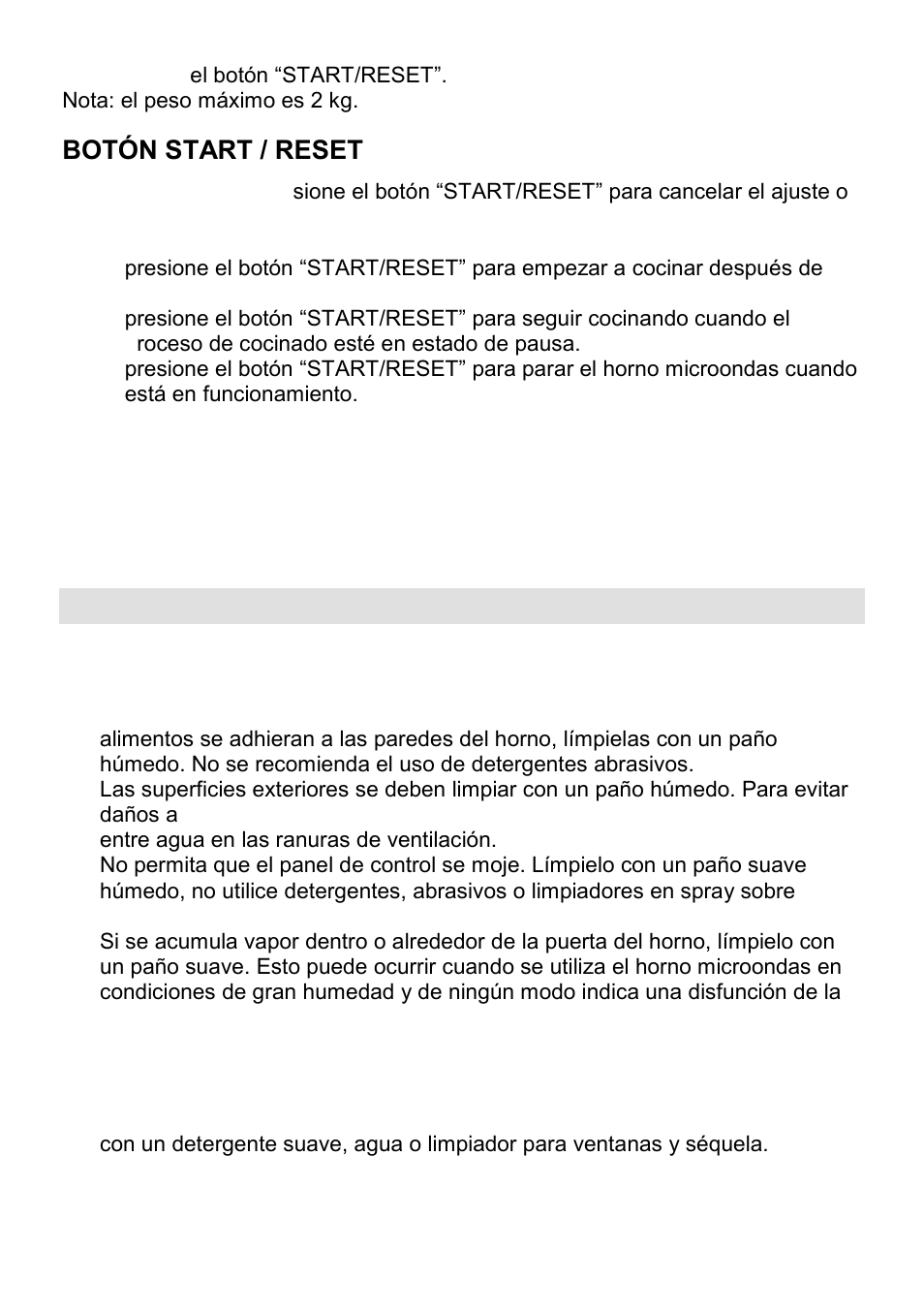 Cuidados de su horno microondas, Botón start / reset, Bloqueo infantil | Gorenje CMO-200 DWII User Manual | Page 115 / 125