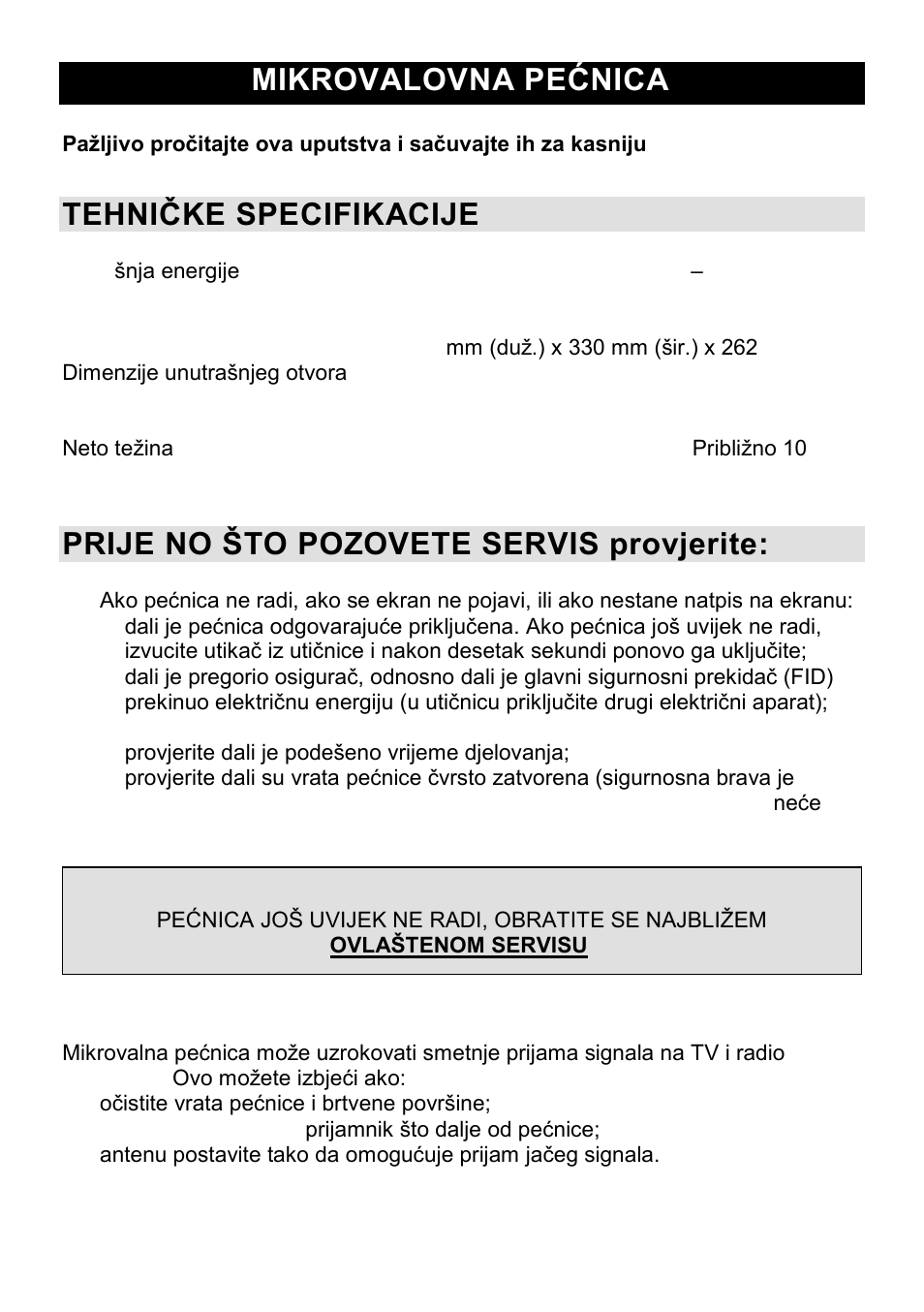 Mikrovalovna pešnica hr, Tehniţke specifikacije, Prije no što pozovete servis provjerite | Smetnje radio signala | Gorenje CMO-200 DWII User Manual | Page 12 / 125