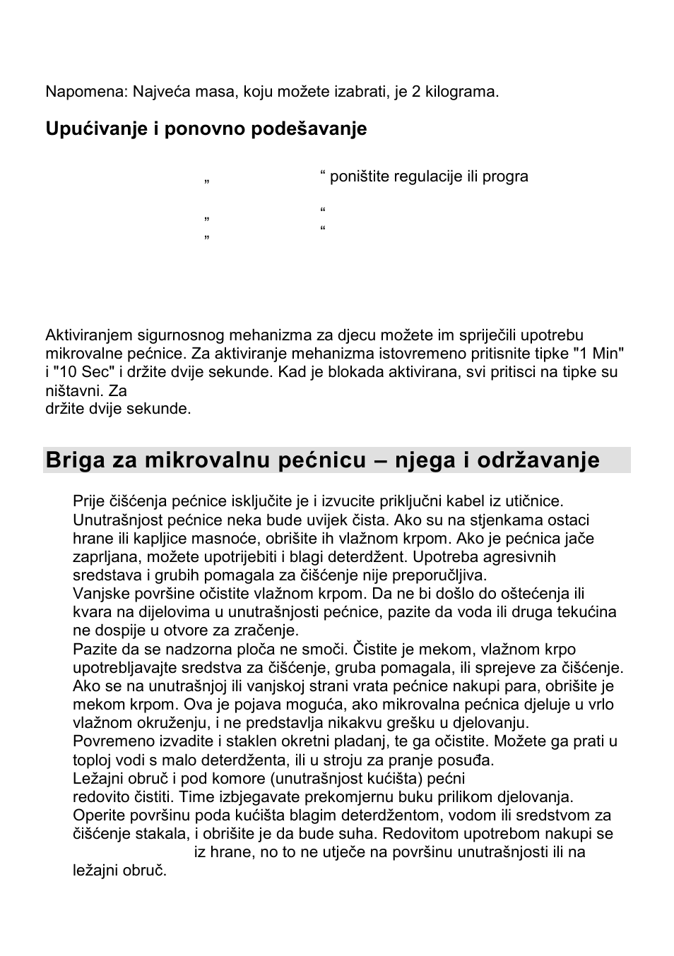 Briga za mikrovalnu pešnicu – njega i odrţavanje, Upušivanje i ponovno podešavanje, Sigurnosni mehanizam za djecu | Gorenje CMO-200 DWII User Manual | Page 19 / 125